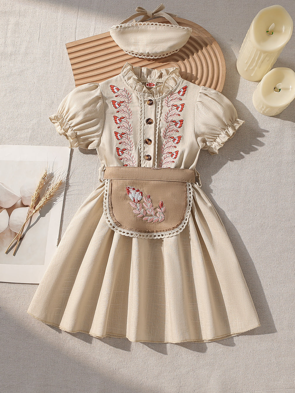spring/summer new arrival: cross-border pastoral style girls' embroidered dress with headscarf