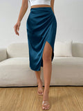 Women's fashion   european and american summer new satin midi skirt - pleated, slit, satin skirt wholesale