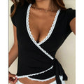 hot girl style solid color slim-fit lace trim criss-cross v-neck low-cut short sleeve top - sexy and versatile women's t-shirt