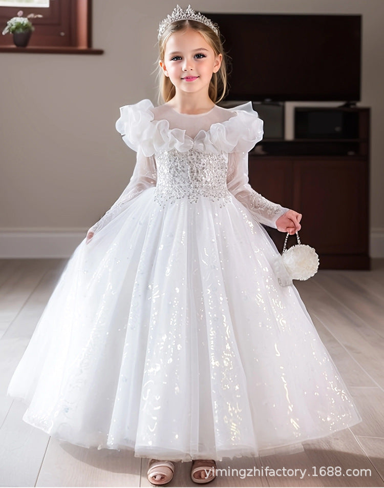 Amazon cross-border girls' evening dress, european and american style white flower girl wedding dress, high-end mesh birthday princess dress, banquet dress