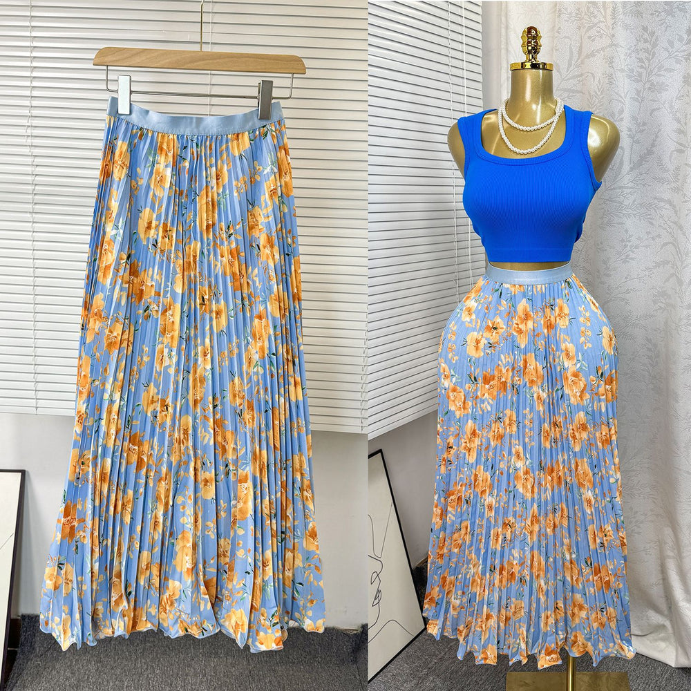 New arrival elastic waist high waist floral sweeteasiest for match a-line skirt women's medium longprintingpleated skirt
