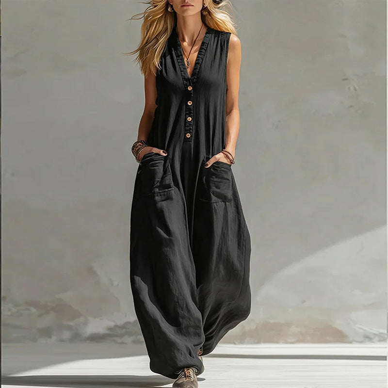 european and american women's clothing - summer fashion casual commute solid color v-neck button wide-leg jumpsuit