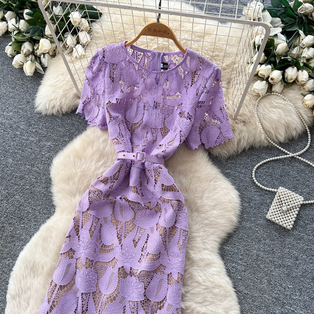 Light mature style work clothinglacecut outdress women's summer short-sleeved high waistsexya-line skirt blueelegant long skirt