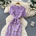 Light mature style work clothinglacecut outdress women's summer short-sleeved high waistsexya-line skirt blueelegant long skirt