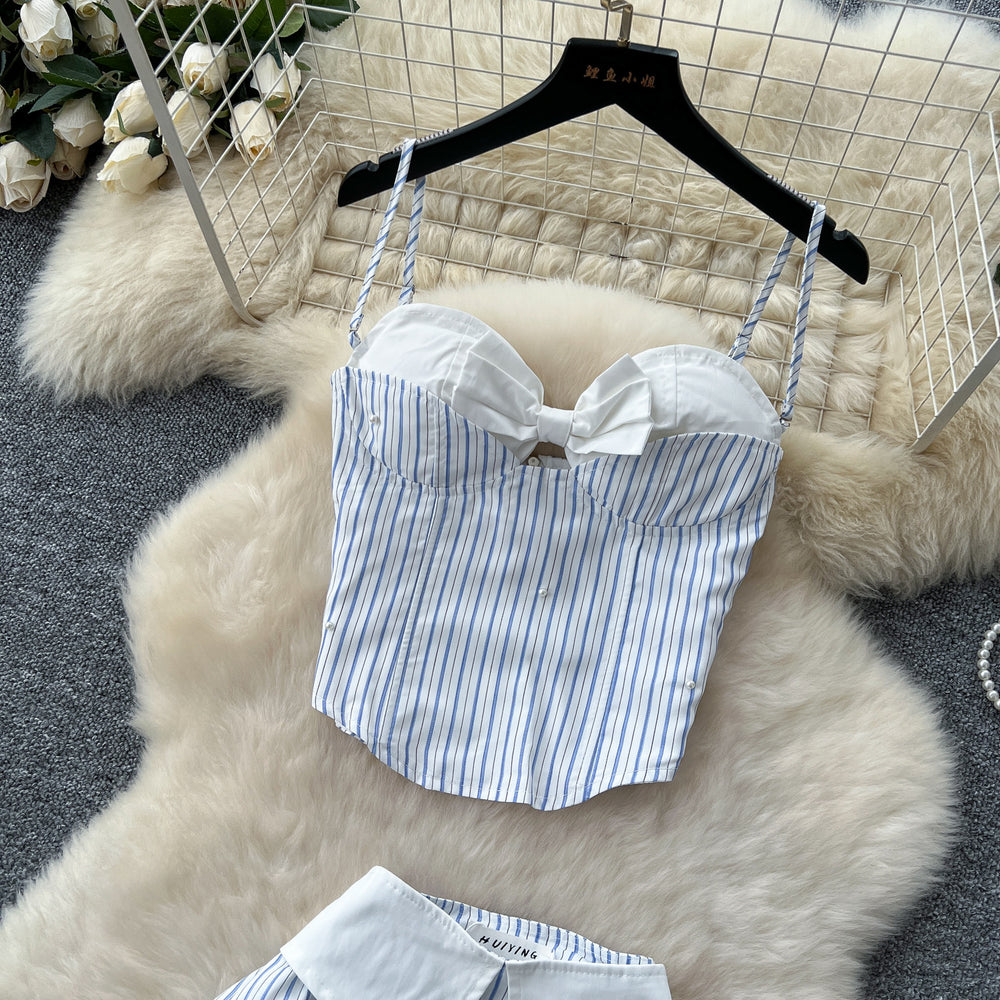 Dopamine pure desire hot girl suit women's summer stripes camisole tube top vest + high waistslimming look large swing skirt