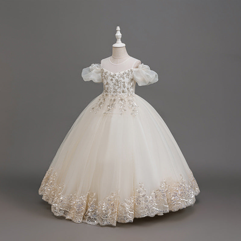 Yimingzhi girls' formal dress - off-the-shoulder, elegant flower girl dress for runway shows and piano performances - ready-to-ship cross-border fashion