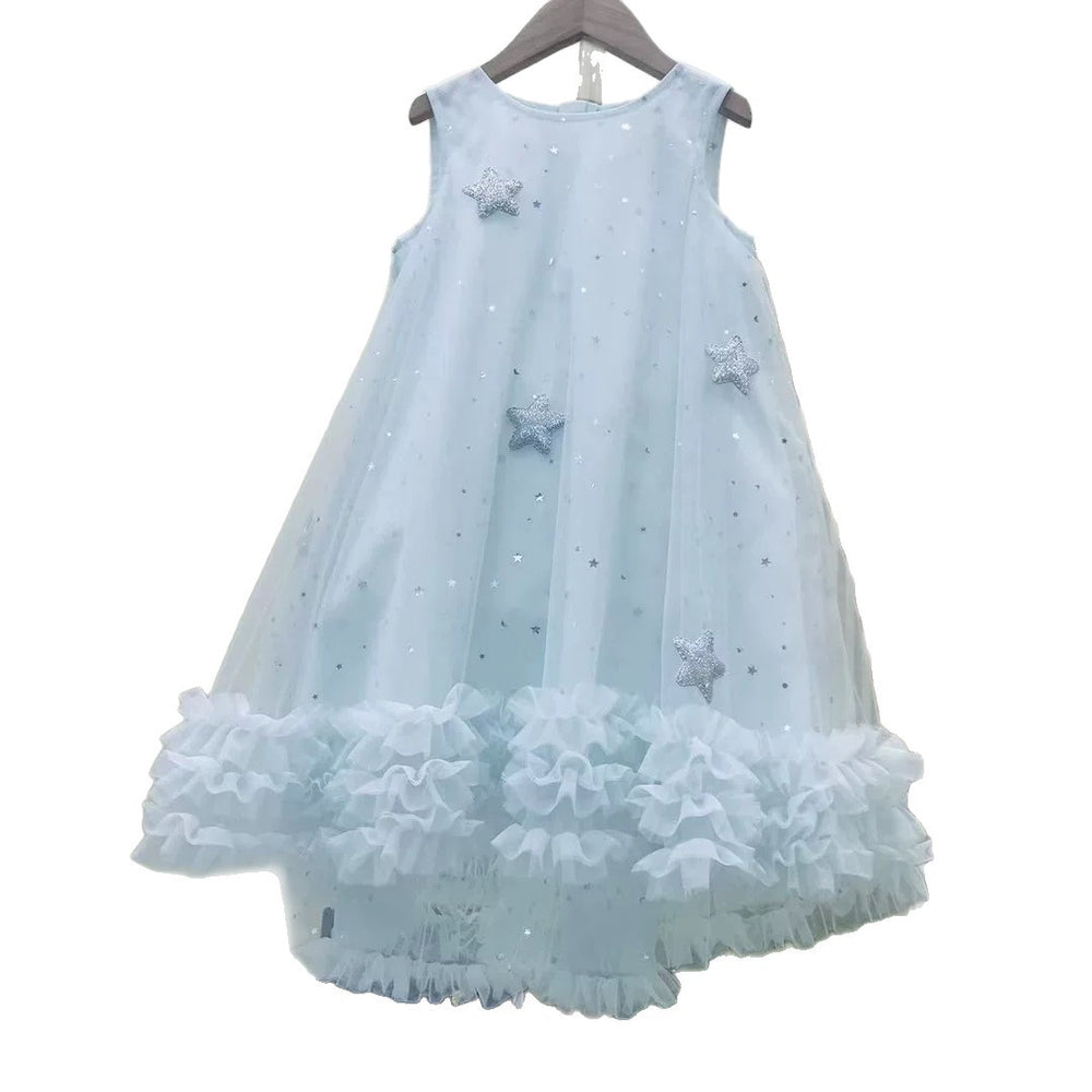 Girls' light blue star sequin sleeveless mesh princess dress - trendy summer kids' dress