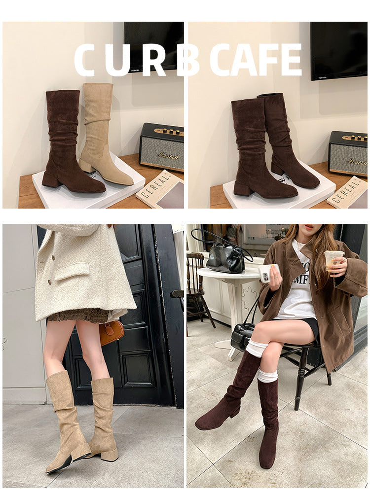 Knight boots for women 2025 new round toe thick heel western boots high boots retroslimming look pleated pile european and american