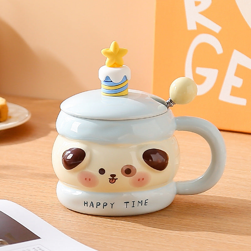 New cartoon cute pet high-value ceramic mug with lid, color glaze craftsmanship, for home and office use - wholesale
