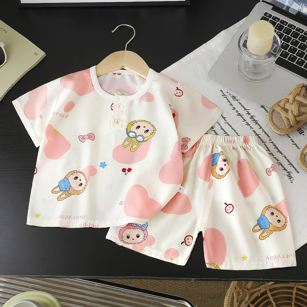 Summer children's cotton silk short-sleeve set: boys' loungewear, girls' cotton silk pajamas, baby air conditioning suit, wholesale children's clothing