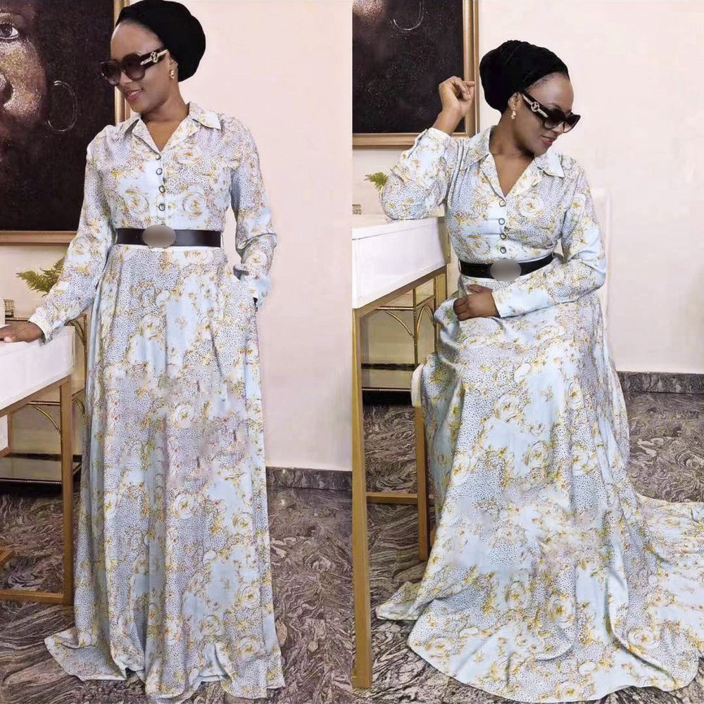 Fashion cross-border supply  plus size women's long skirt with belt african clothing printing chiffon dress