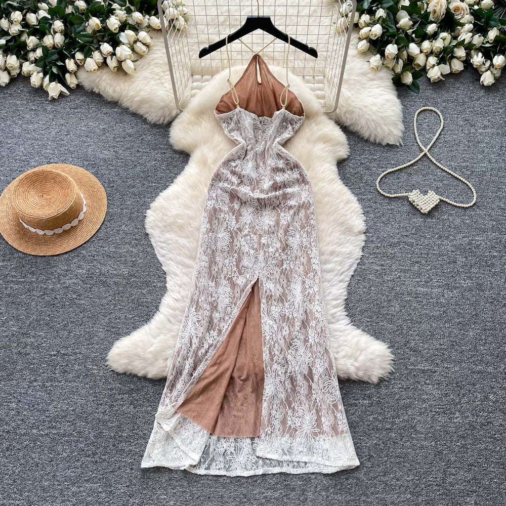 French chic halter neck sleeveless lace dress - women's summer high-waisted slimming versatile elegant maxi dress for work