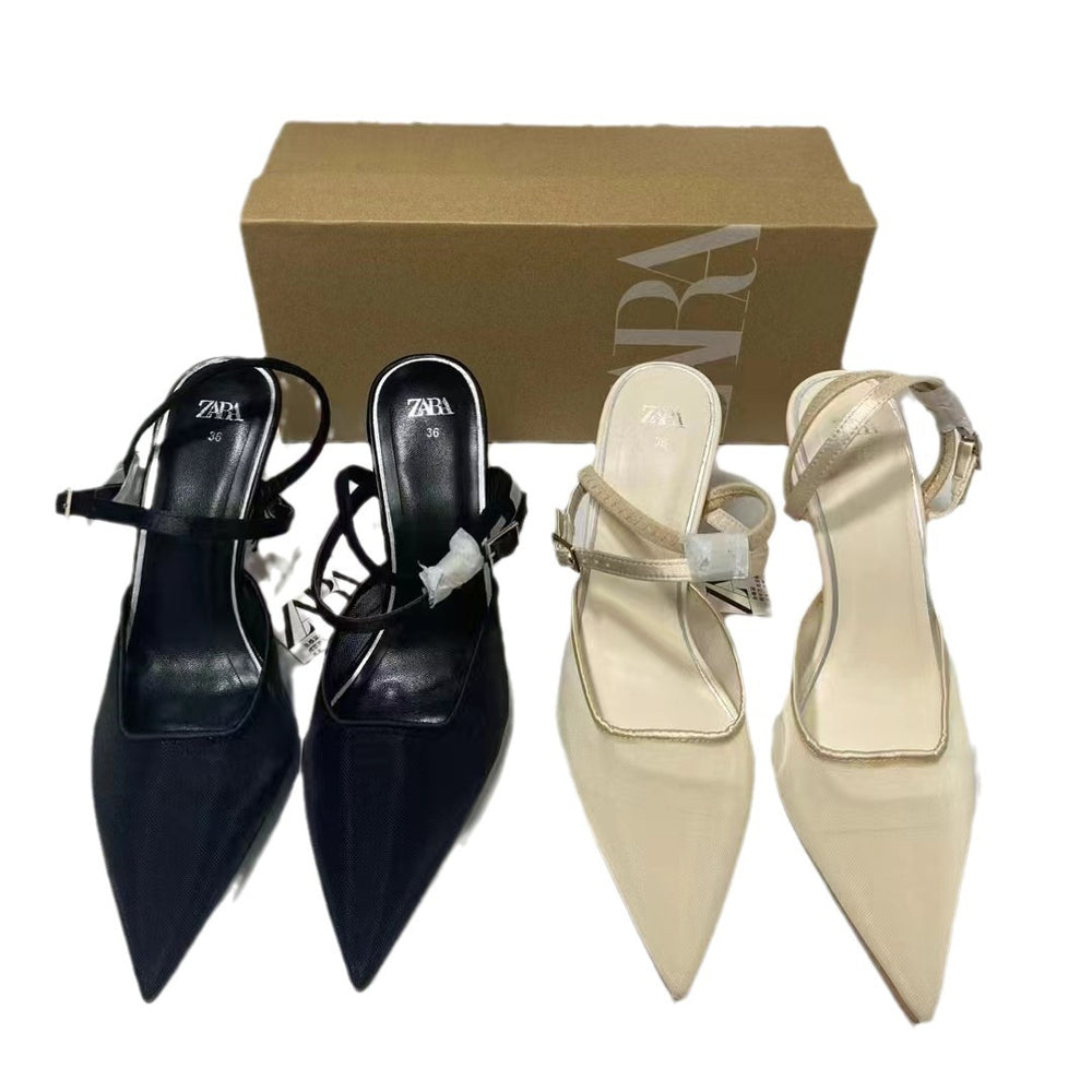Za new arrivals 2024: spring/summer french-style high heels - stiletto, pumps, mesh paneling, back strap, black & pink fashion