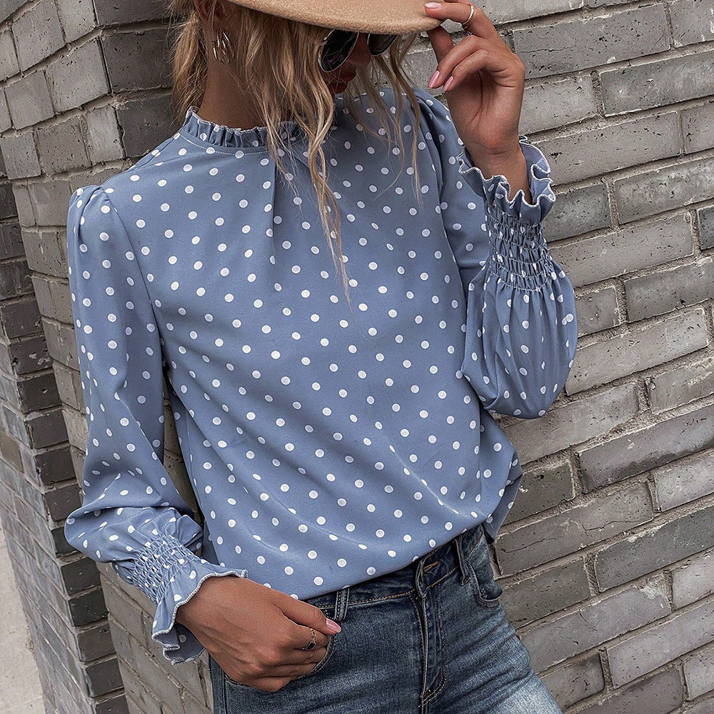 European and american cross-border women's apparel:  spring/autumn new collection - printed pullover cropped top with polka dot long sleeves