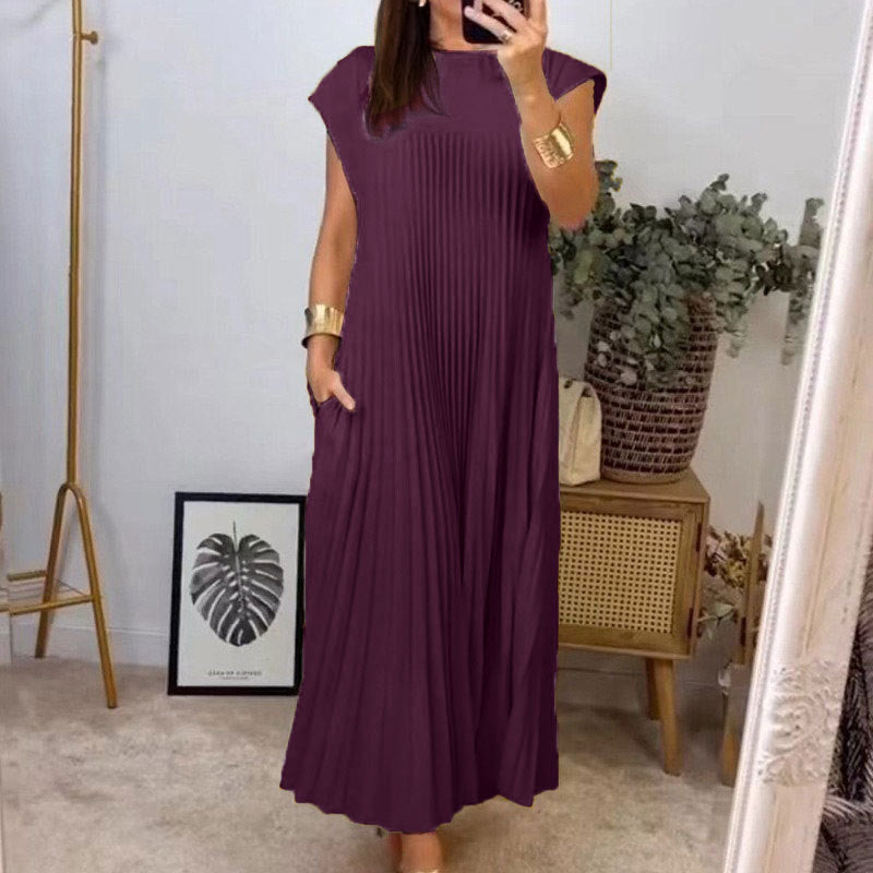summer new arrivals: women's clothing - cross-border european & american style - elegant & fashionable round neck sleeveless pleated maxi dress