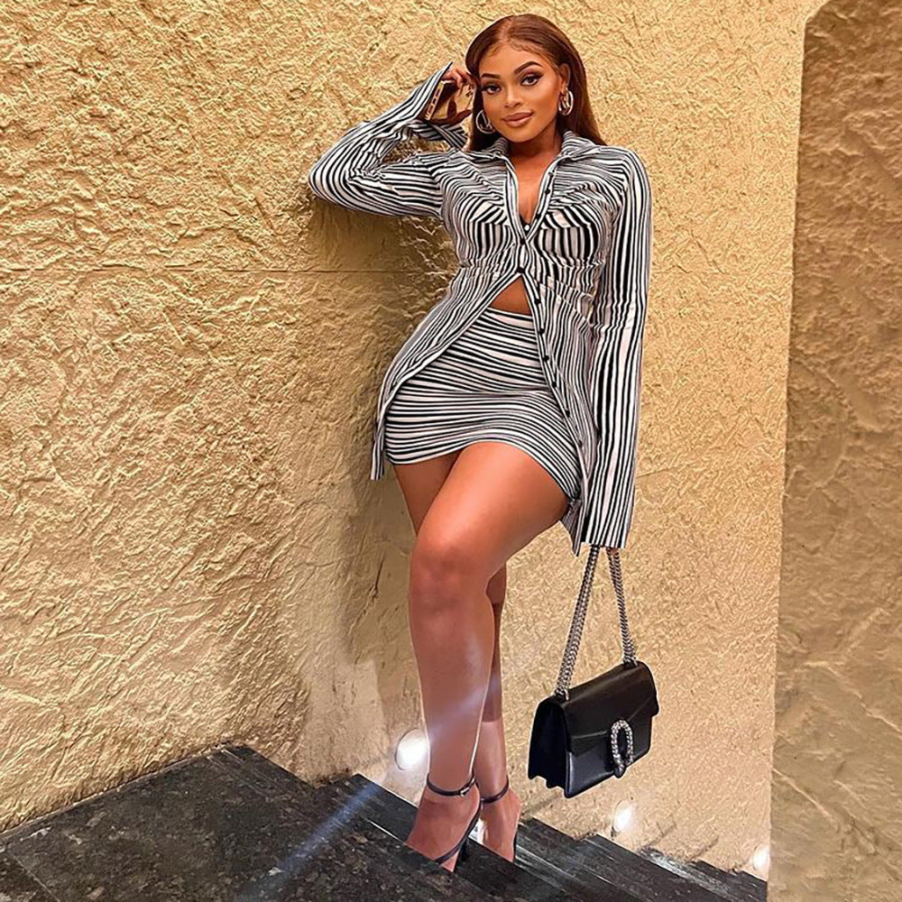 European and american skirt suit  cross-border women's fashion sexy black and white striped cardigan top mini bodycon skirt