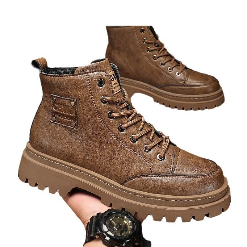 Men's martin boots: spring leather waterproof mid-cut athletic shoes, retro british style outdoor hiking work boots