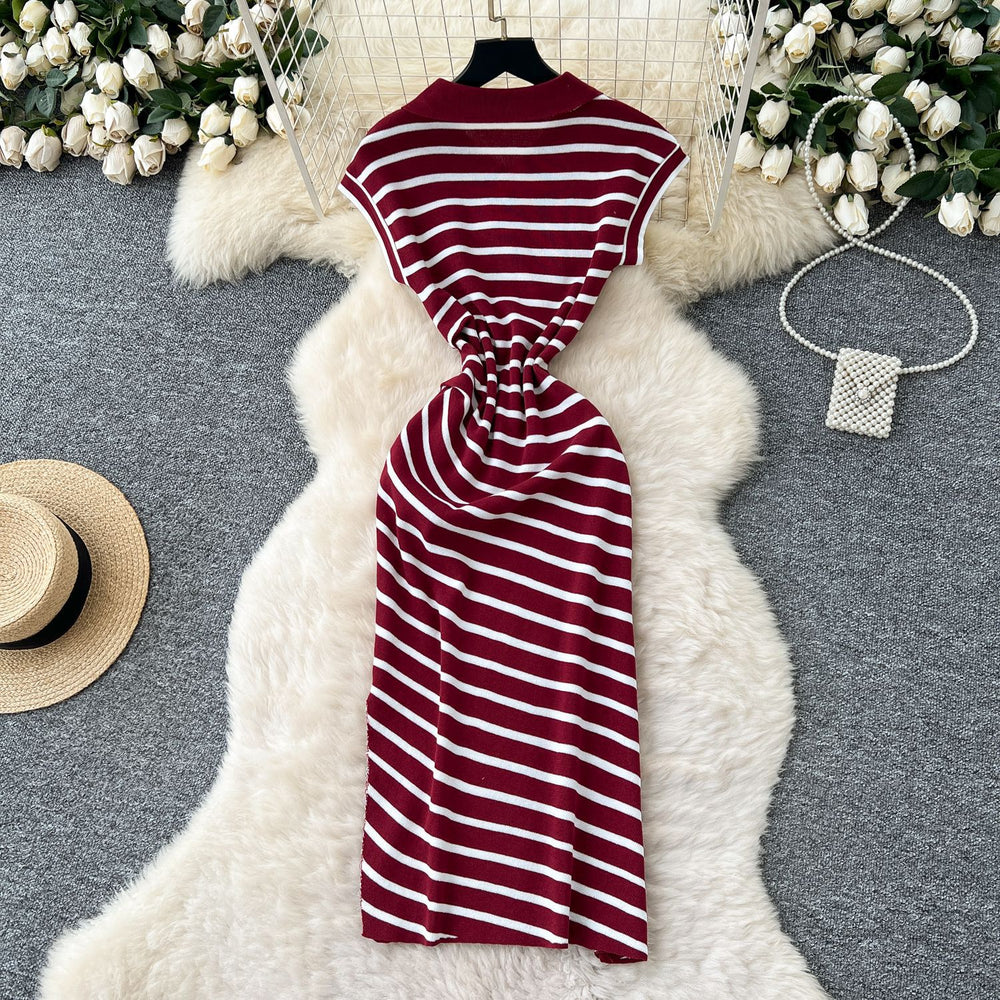 Korean chic summer dress: niche retro polo collar short sleeve striped midi dress - women's slim fit, elegant slit design