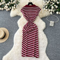 Korean chic summer dress: niche retro polo collar short sleeve striped midi dress - women's slim fit, elegant slit design