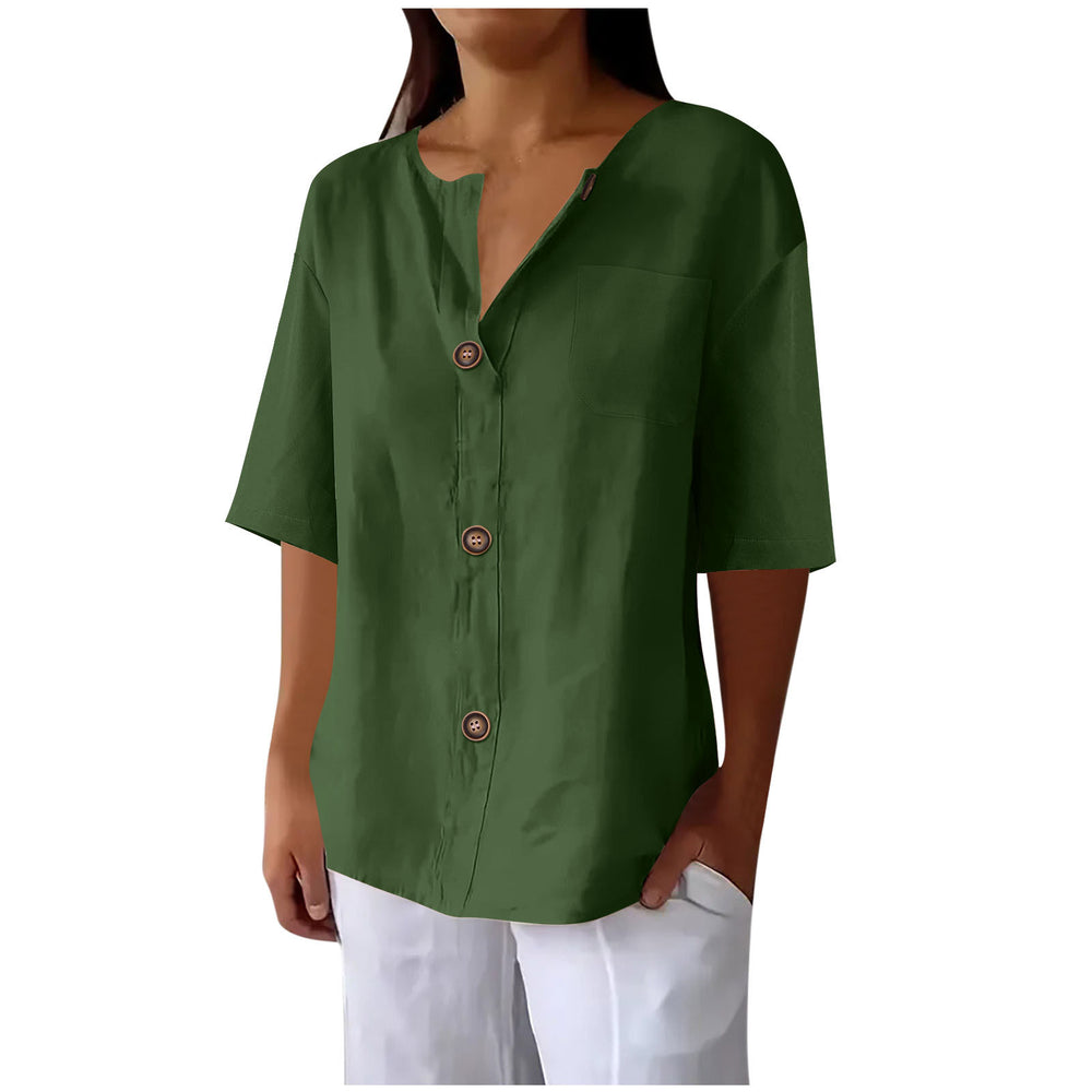 cross-border fashion summer new loose t-shirt women's v neck cotton and linen button tops