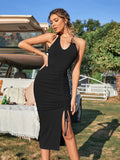 cross-border hot girl style halter dress - drawstring slit backless bodycon mini dress for women's summer