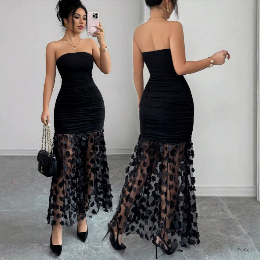 Fashionexport black sexy strapless tube top backless long skirt stereo flower cut outpatchworka-line tutu skirt