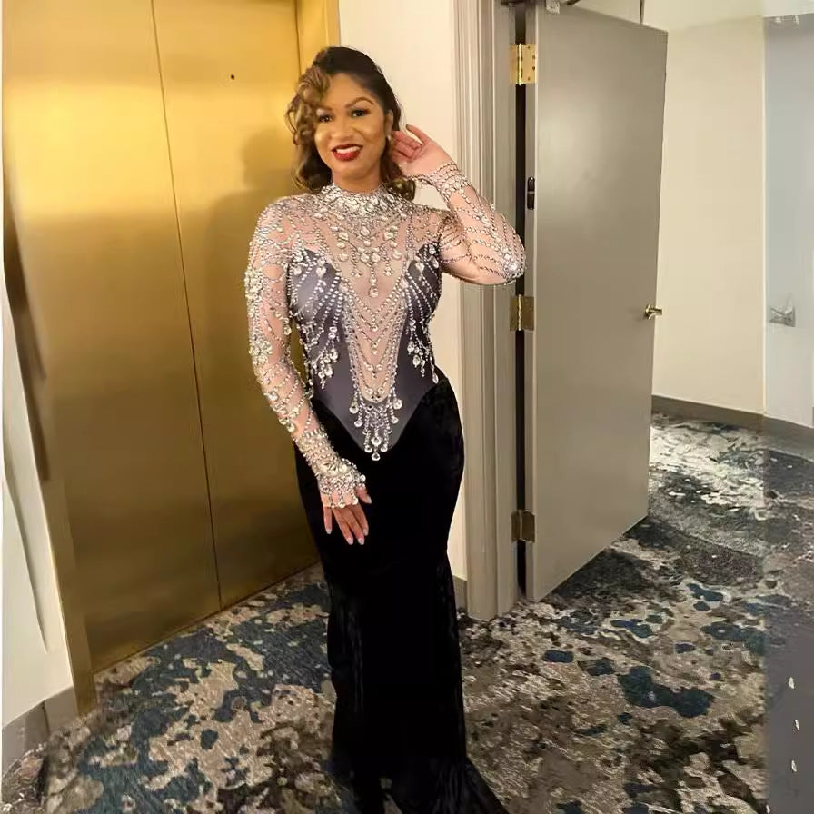 supply elastic flannel hot diamond rhinestone tassel sexy silmcustom performance costume evening dress