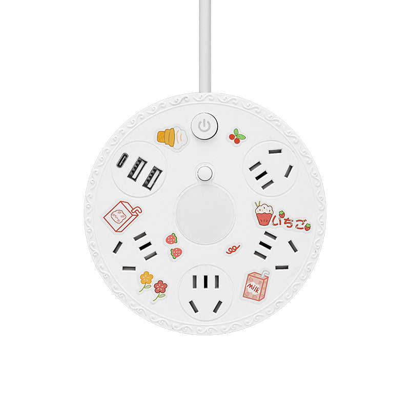 Multi-outlet power strip panel with storage, multi-port socket, home/dorm use, computer-safe, retractable extension cord