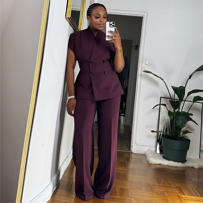 European and american women's clothing  autumn new collection: sweet and fresh stand collar double-breasted blazer and high-waisted straight-leg pants two-piece set