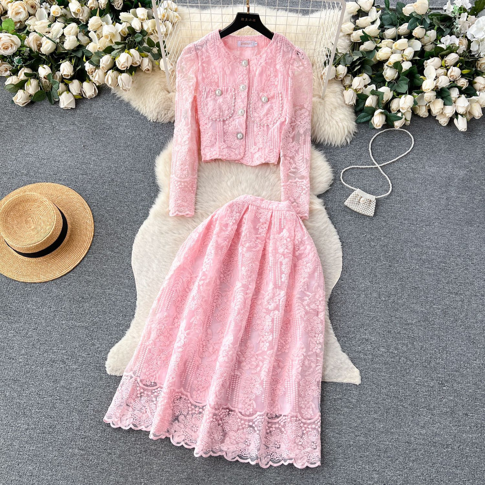 Xiaoxiangfengsuit women's short round neck puff sleeve lacetops high waist large hem skirt women's autumn two-piece set