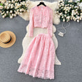 Xiaoxiangfengsuit women's short round neck puff sleeve lacetops high waist large hem skirt women's autumn two-piece set