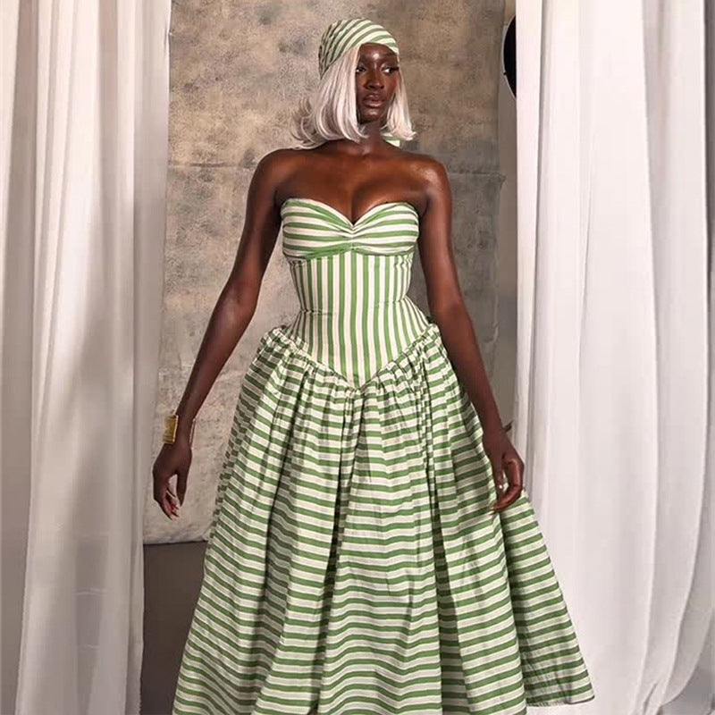 European and american women's clothing  autumn new collection: sweet and fresh striped bandeau high-waisted slimming a-line midi dress