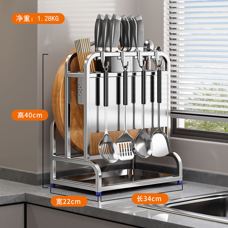 Stainless steel knife holder household pot lid rack cutting board rack thickened and thickened stainless steel wall hanging integrated storage shelf