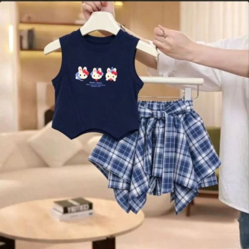 【dropshipping】summer  tank top set - sleeveless new girls' summer outfit with stylish printed cartoon mini skirt