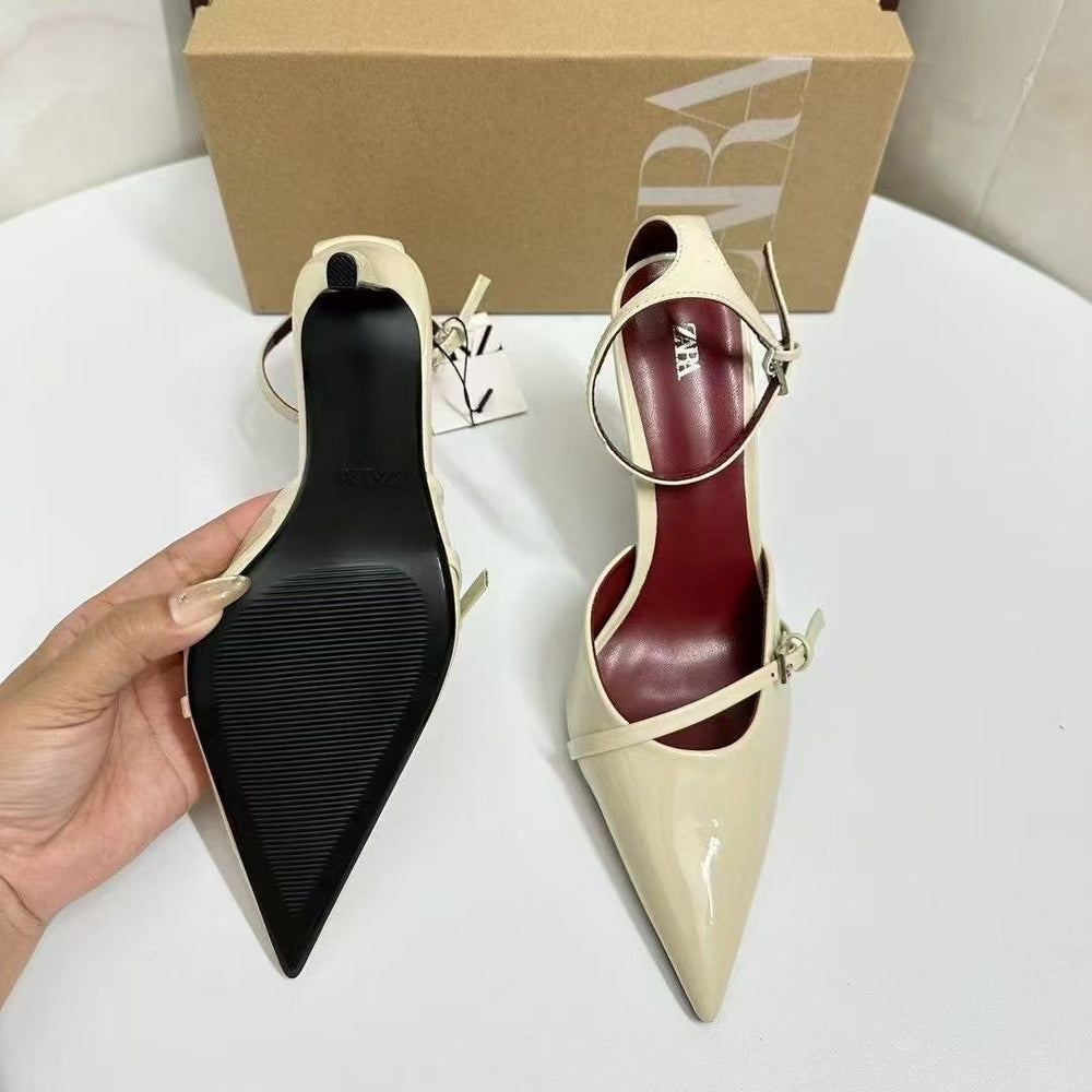 Za2025 summer new pointed-toe stiletto heels - wine red patent leather, single buckle, thin strap women's high heels