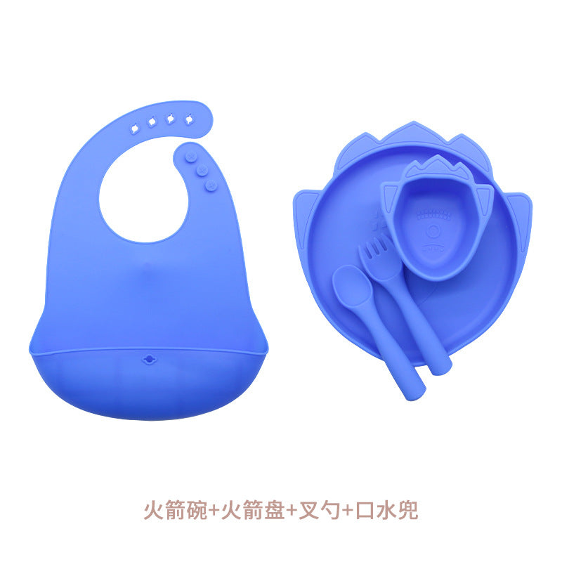 Customized silicone plate set, anti-drop baby bowl saliva pocket, multi-color cute style children's tableware set