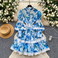 Elegant court style printed lantern sleeve dress - women's summer lace patchwork waist design midi dress