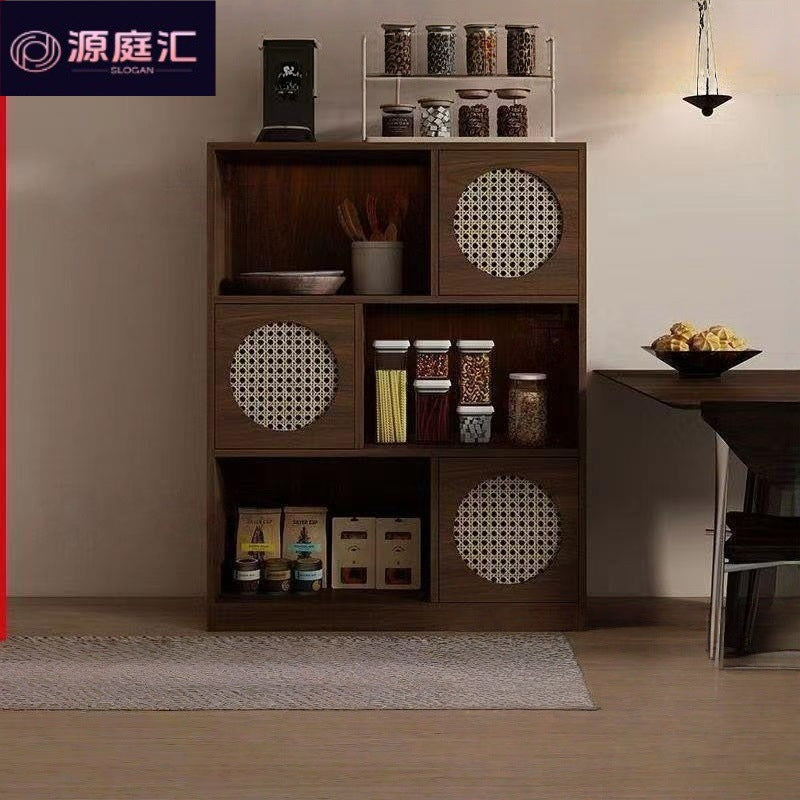 Half wall solid wood bookcase low cabinet storage cabinet all-in-one living room side cabinet combination cabinet storage rack color matching rattan bookshelf
