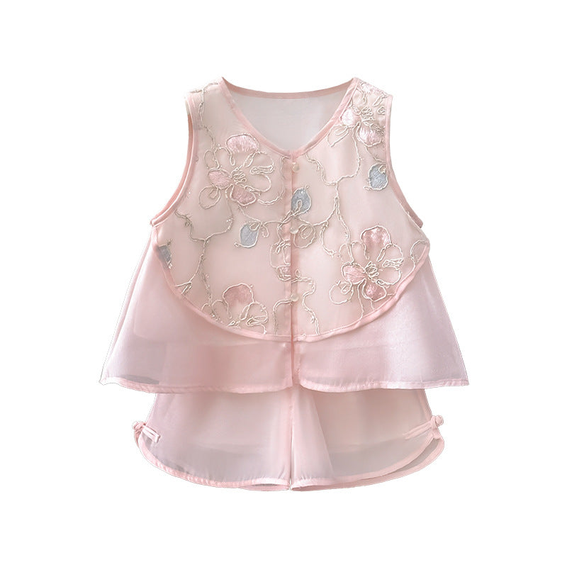 Girls' outfit : exquisite embroidered, modern chinese style, summer cool two-piece set for kids