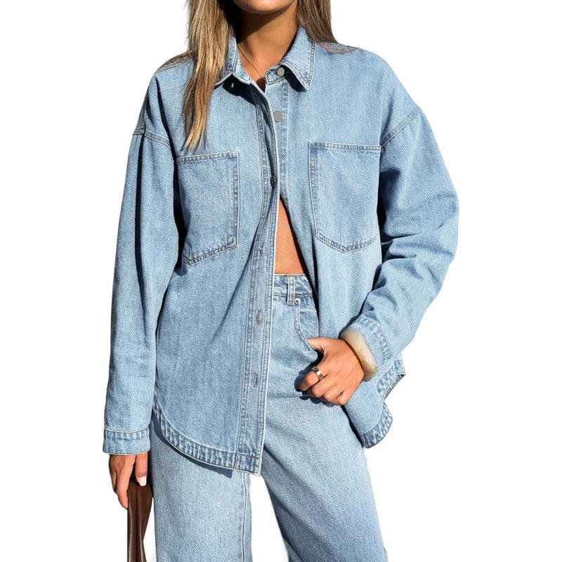 Amazon fashion elegant long sleeve button denim shirt women's  spring new style distressed denim jacket