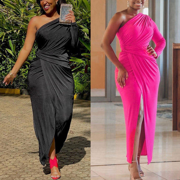 K2771 European and American, sexy solid color split shoulder drape dress