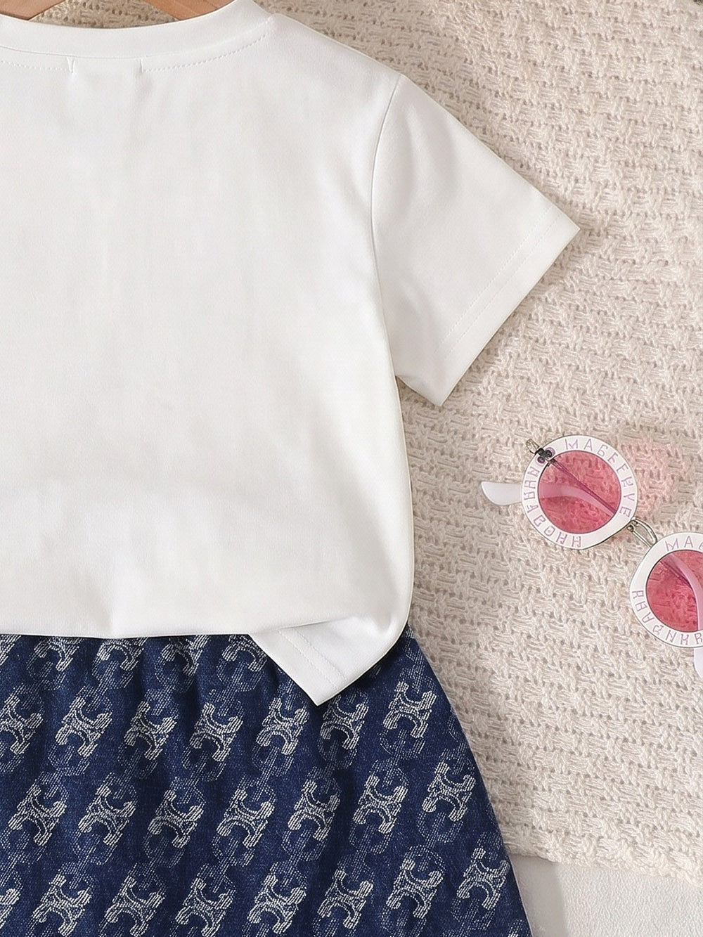 spring/summer new arrival: cross-border girls' knitted top with bear appliqué + denim skort two-piece set