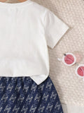 spring/summer new arrival: cross-border girls' knitted top with bear appliqué + denim skort two-piece set