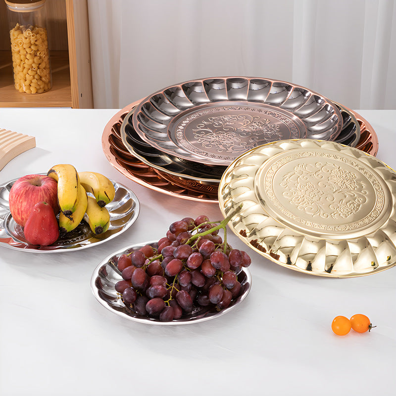 foreign trade stainless steel lily plate retro light luxury large tray household dinner plate food preparation plate fruit plate wholesale