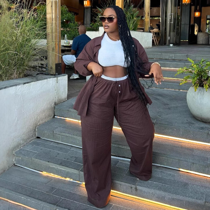 European and American large size casual high waist striped long-sleeved cardigan shirt trousers African foreign style women's loose two-piece set women