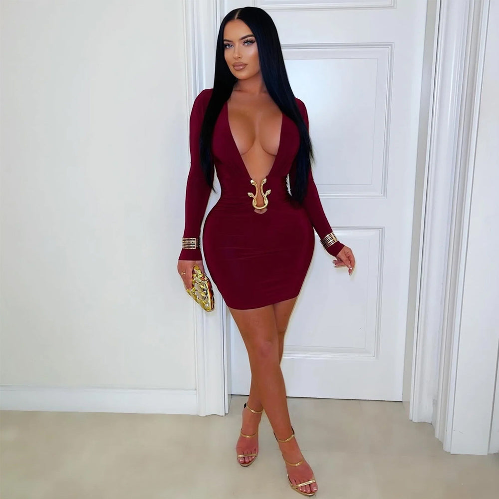 C7609 cross-border   fashion women's sexy deep v bodycon snake print dress with accessories