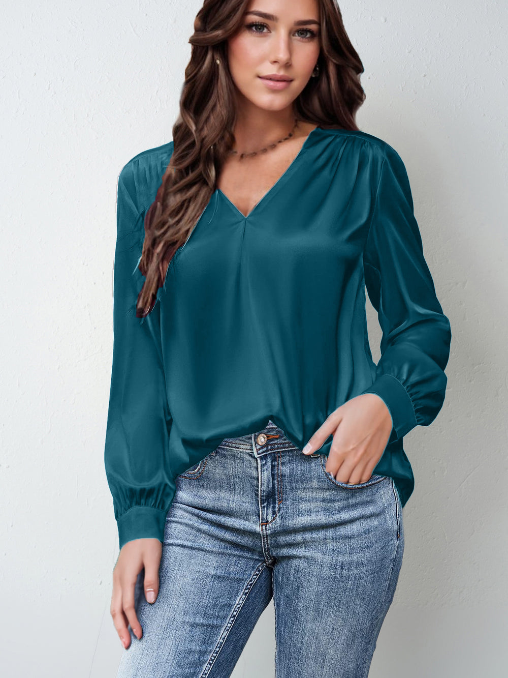 hot-selling women's satin ruched long sleeve top - v-neck casual loose satin commute blouse