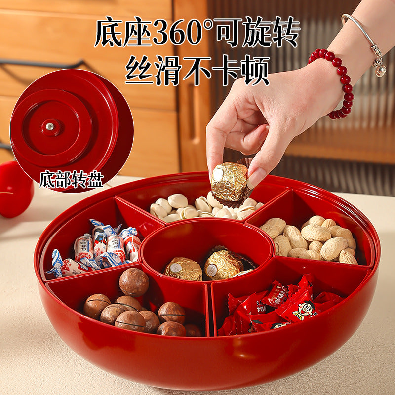 Chinese-style red rotating dried fruit box, household high-end housewarming, Chinese New Year grid fruit plate, living room snacks, melon seeds display plate