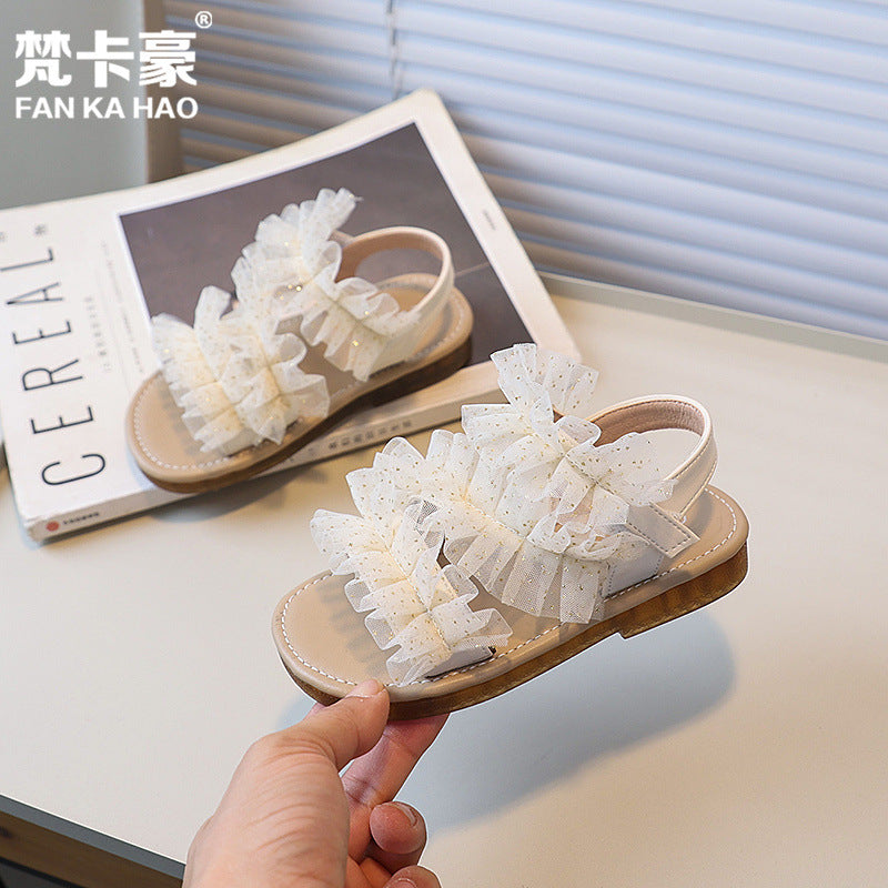 Fancahao shein mesh girls' princess shoes  summer new children's soft sole sandals flat beach shoes
