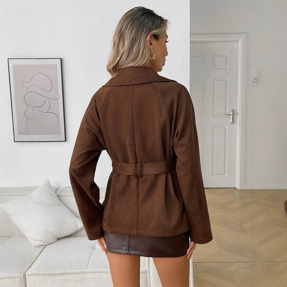 Faux suede tie-front cropped jacket with oversized collar, long sleeves, belted waist, and casual chic style for women